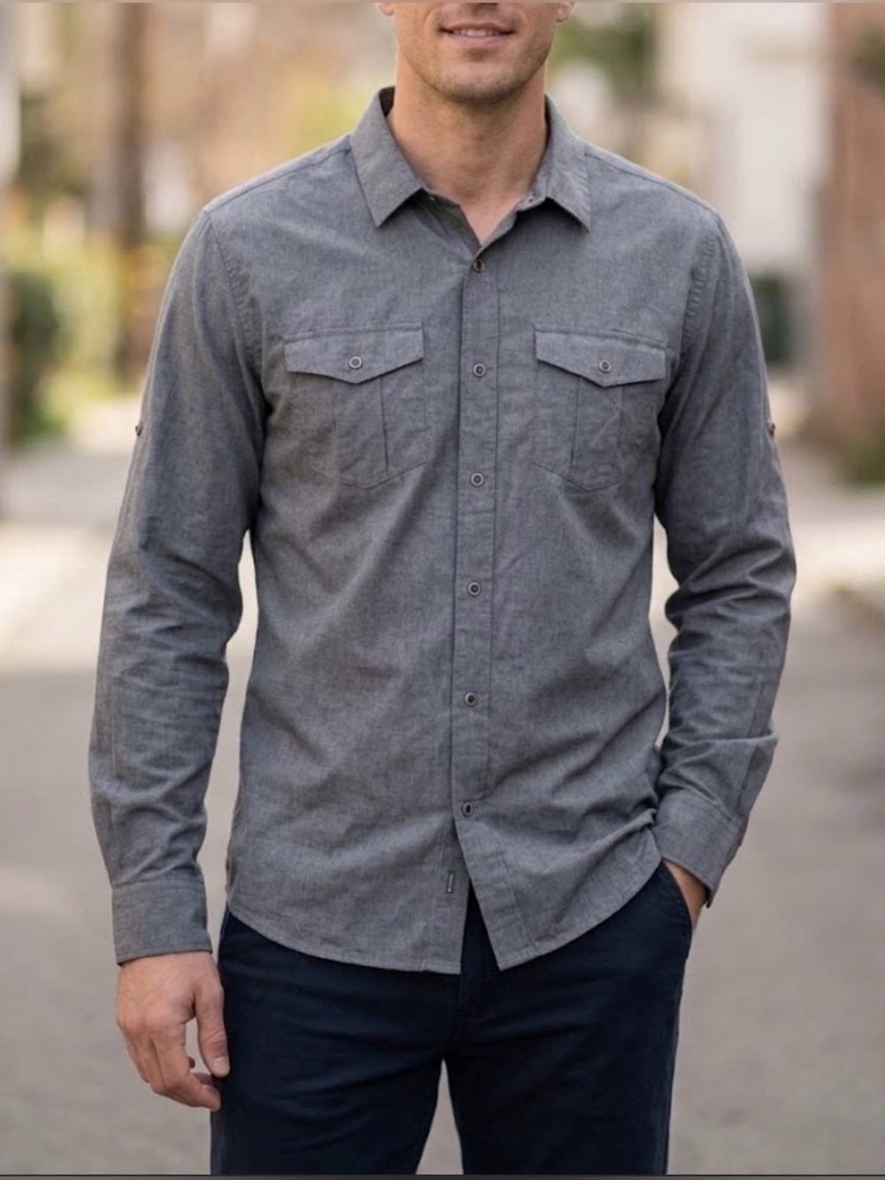 Prana Men's Gray Casual Button-Down Shirt with Chest Flap Pockets
